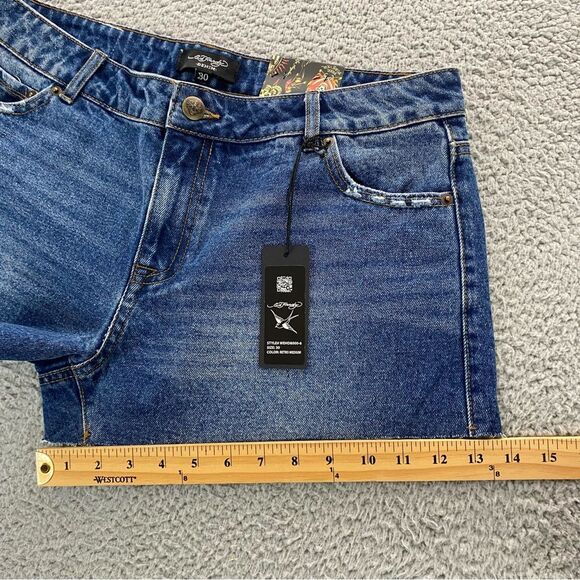 Ed Hardy Women's Flame Skull Raw Cut Hems Denim Shorts Retro Medium  | Size: 30 - Picture 11 of 15